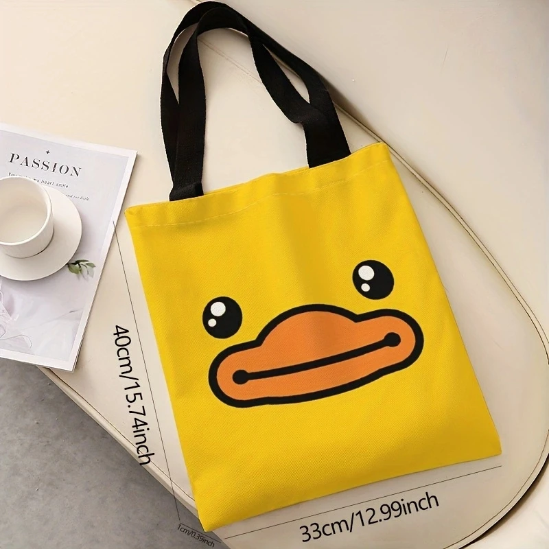 Cartoon yellow duck pattern double-sided printed casual tote bag, multifunctional handbag, letter printed canvas shopping bag