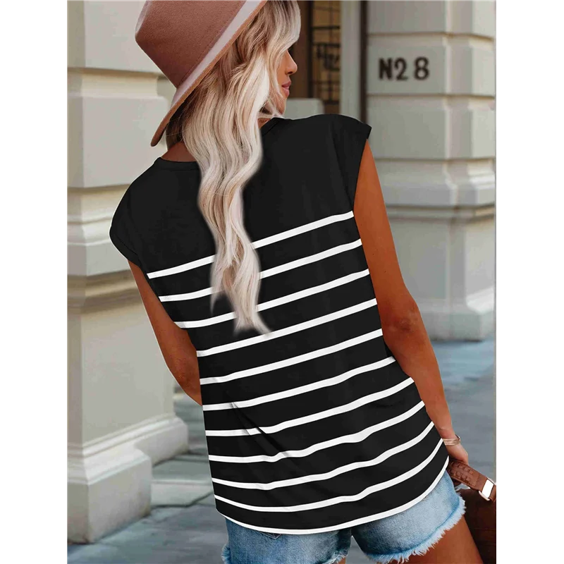 ABRT-여성 탑 드레시 캐주얼 여름 스트라이프 셔츠 캡 슬리브 탑 컬러 블록 루즈핏