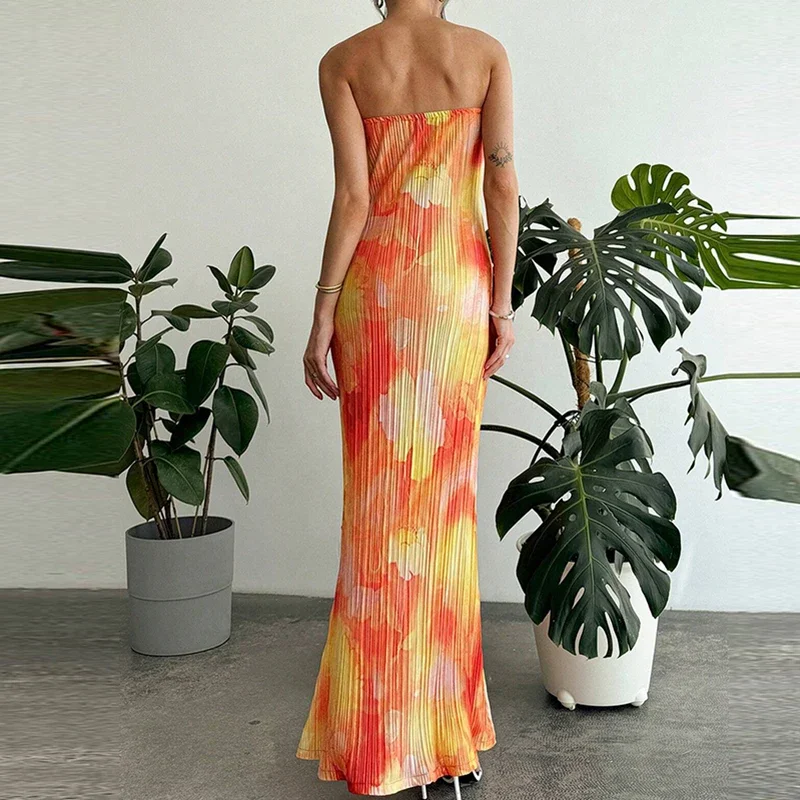 패션 꽃 프린트 Strapless 휴가 드레스 레이디 섹시한 오프 어깨 슬림 파티 드레스 우아한 높은 허리 Pleat 여름 긴 드레스