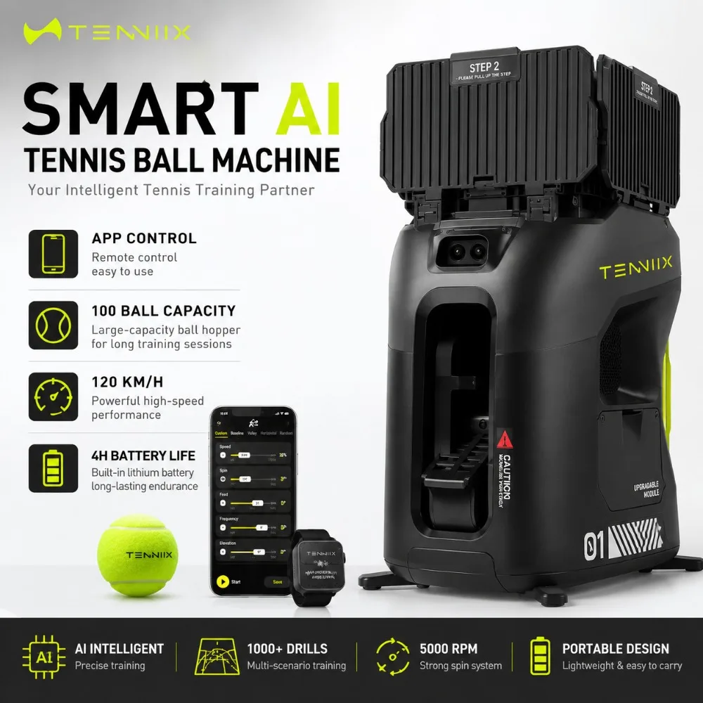 AI Tennis Ball Machine Smart Training Partner APP Voice Control Portable Tennis Launcher 100 Ball Capacity 120kmh