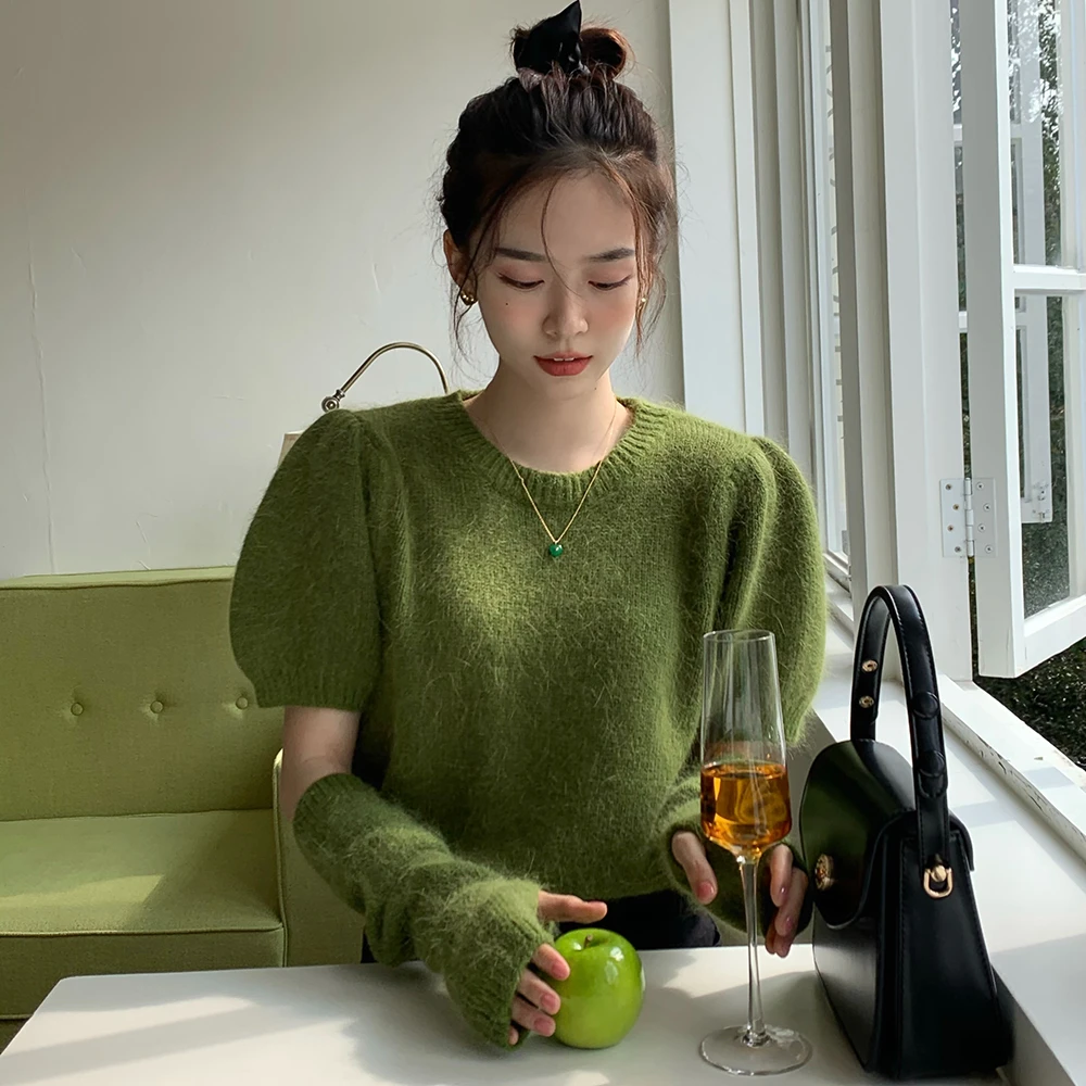 Women\'s Korean Chic Slim Knitted Pullover Sweater, Matcha Green Rabbit Velvet Short Jumpers, Female Round Collar Tops, Spring