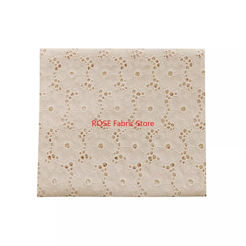 Flower hollow Embroidered Beige Pure Cotton Fabric dress, skirt, tops, tabletop, pillowcase, headbands, doll clothes sewing