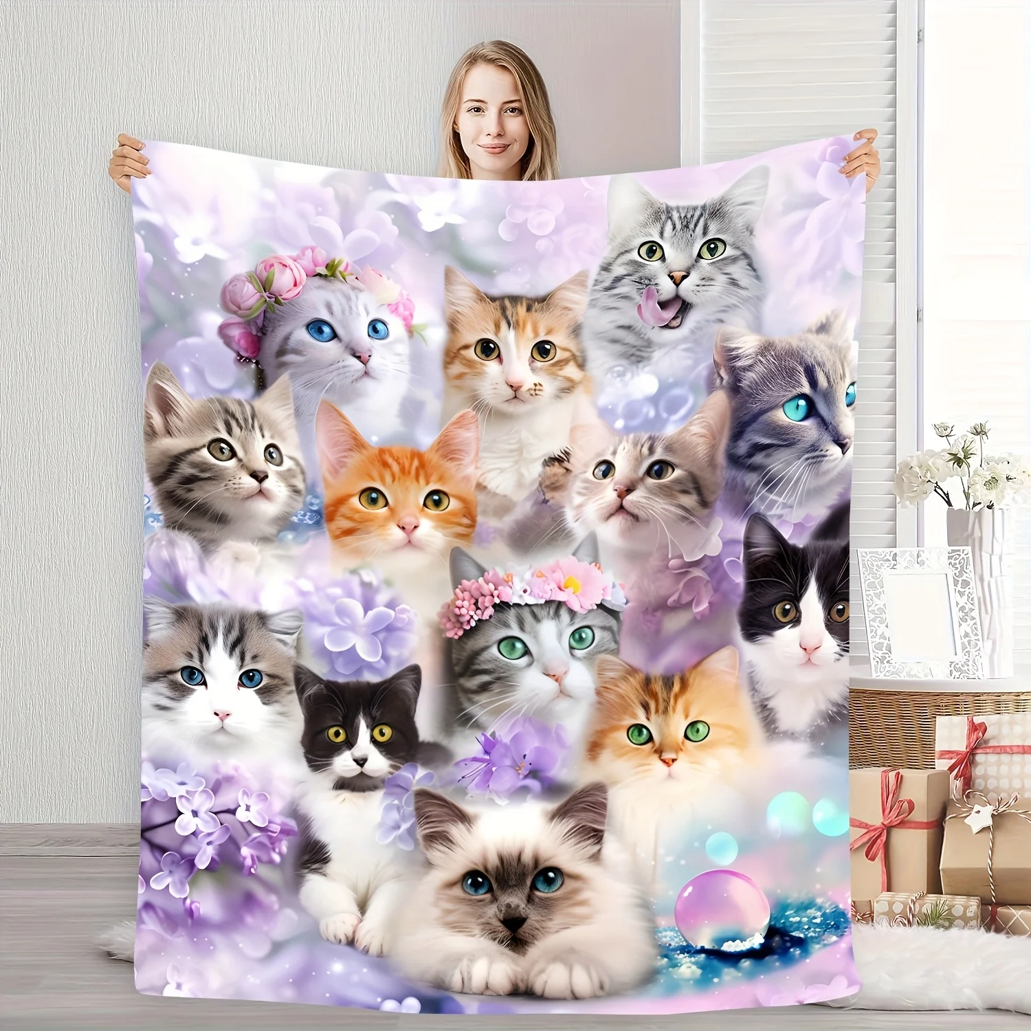 Cozy & Fresh Elegant Multi-Cat with Purple Dreamy Flowers - Soft, Warm Flannel, Ideal for Napping, Camping, Travel & Home Decor