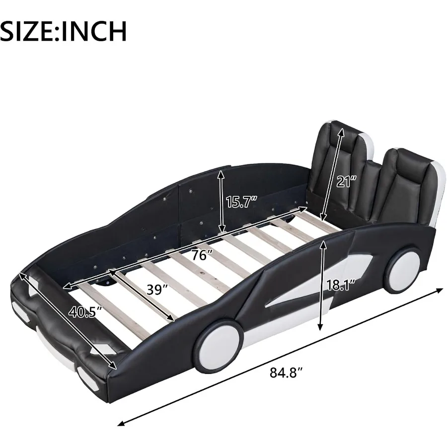 Twin Size Race Car-Shaped Platform Bed Frame for:Steel Frame, Red/Black, Easy-Move Wheels, Space-Saving Design