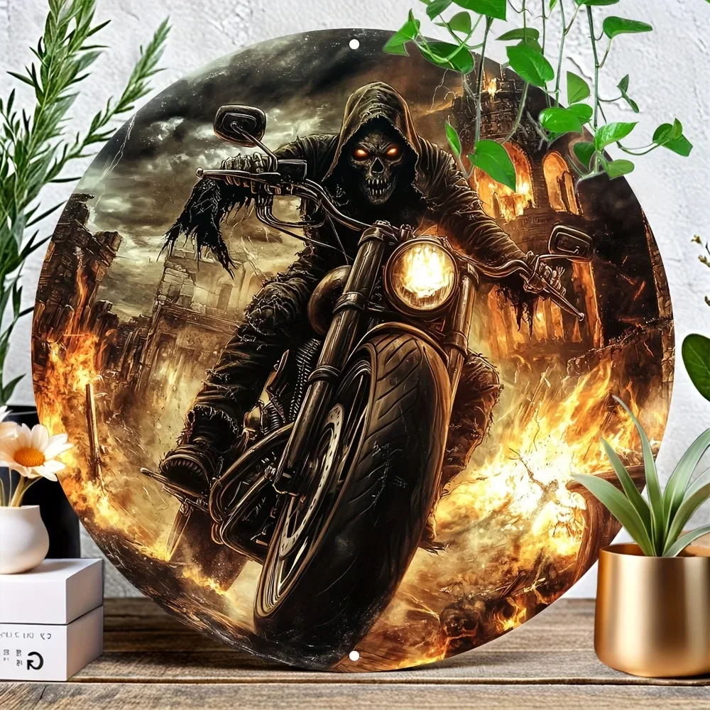 Reaper Biker Flames Gothic Art Tin Sign - Vintage Durable Metal Plaque Wall Decor, Home Office Bar Man Cave Wall Art