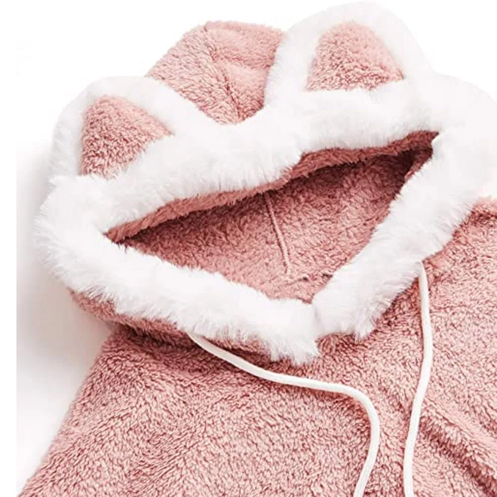 Lässiger Langarm-Kapuzenpullover mit Katzen- und Bärenohren, einfarbige Oberbekleidung, Kapuzenpullover mit 3D-Tierohren, flauschiger Fleece-Sweatshirt, Street-Style-Oberteil – Detail 7