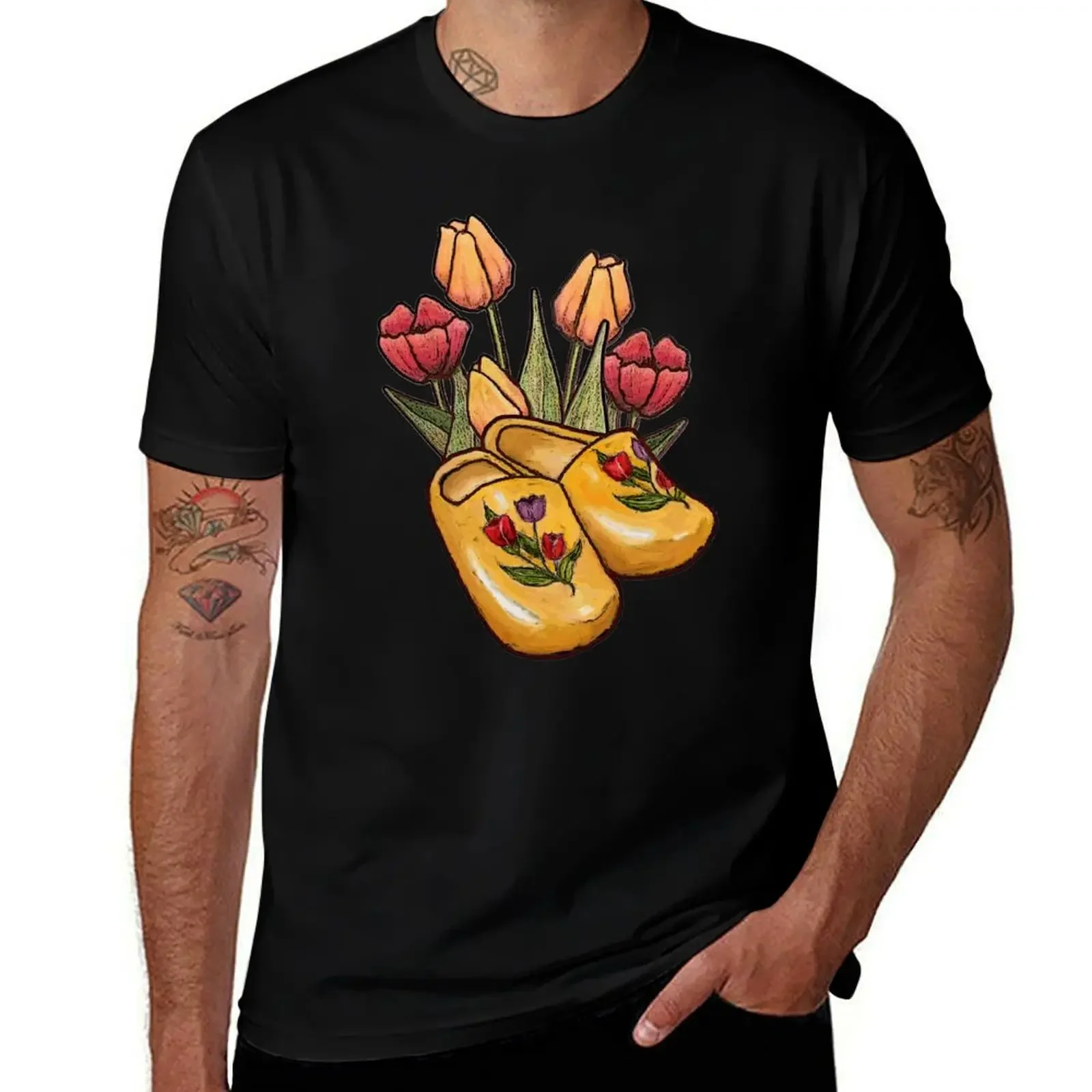 

Dutch Wooden Shoes, Klompen, with Tulips, Flowers, Holland, Illustration T-Shirt sweat topping mens designer t shirt
