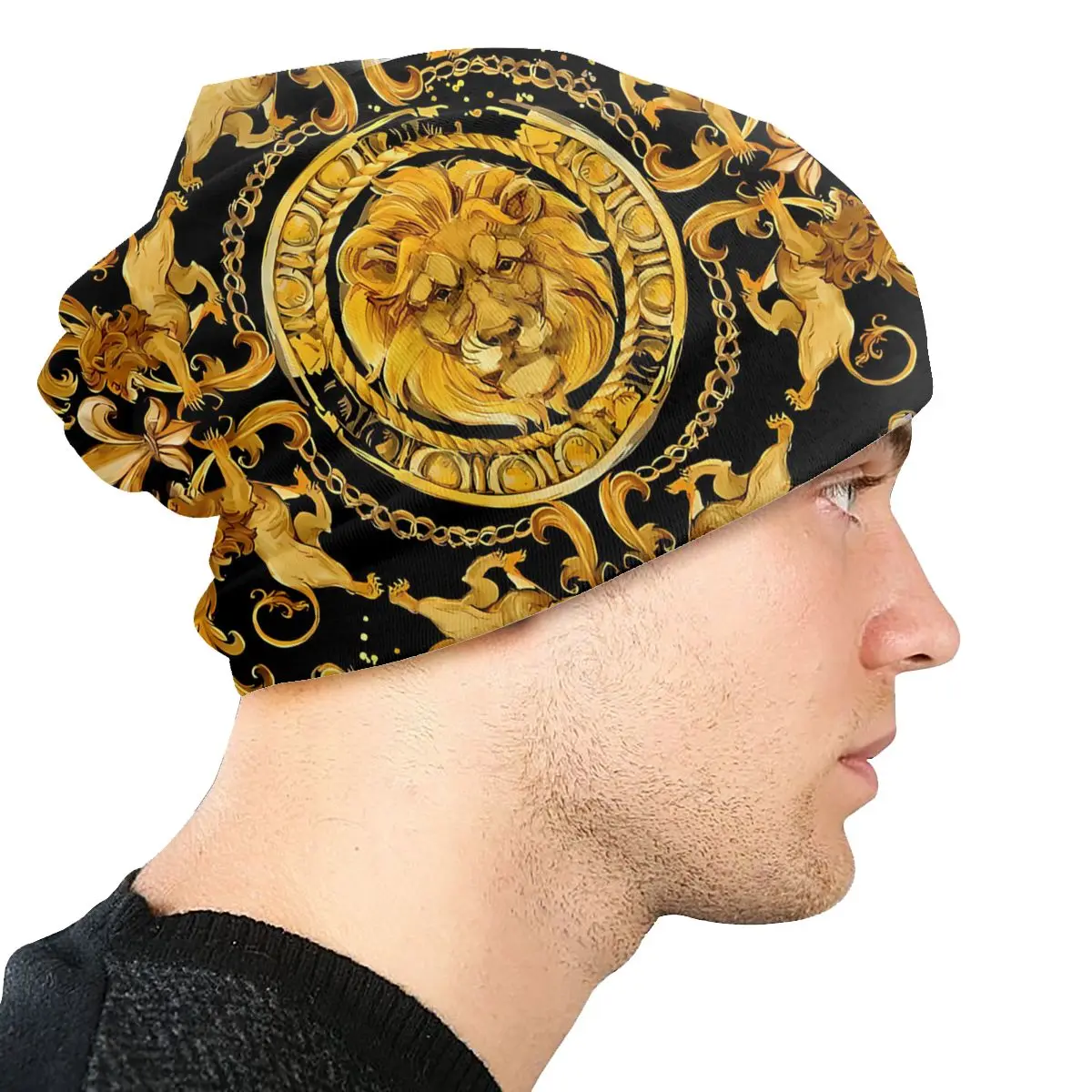 Golden Lion And Damask Skullies Beanies Fashion Hats Luxury Design Thin Bonnet Special Caps Men Women\'s Earmuffs