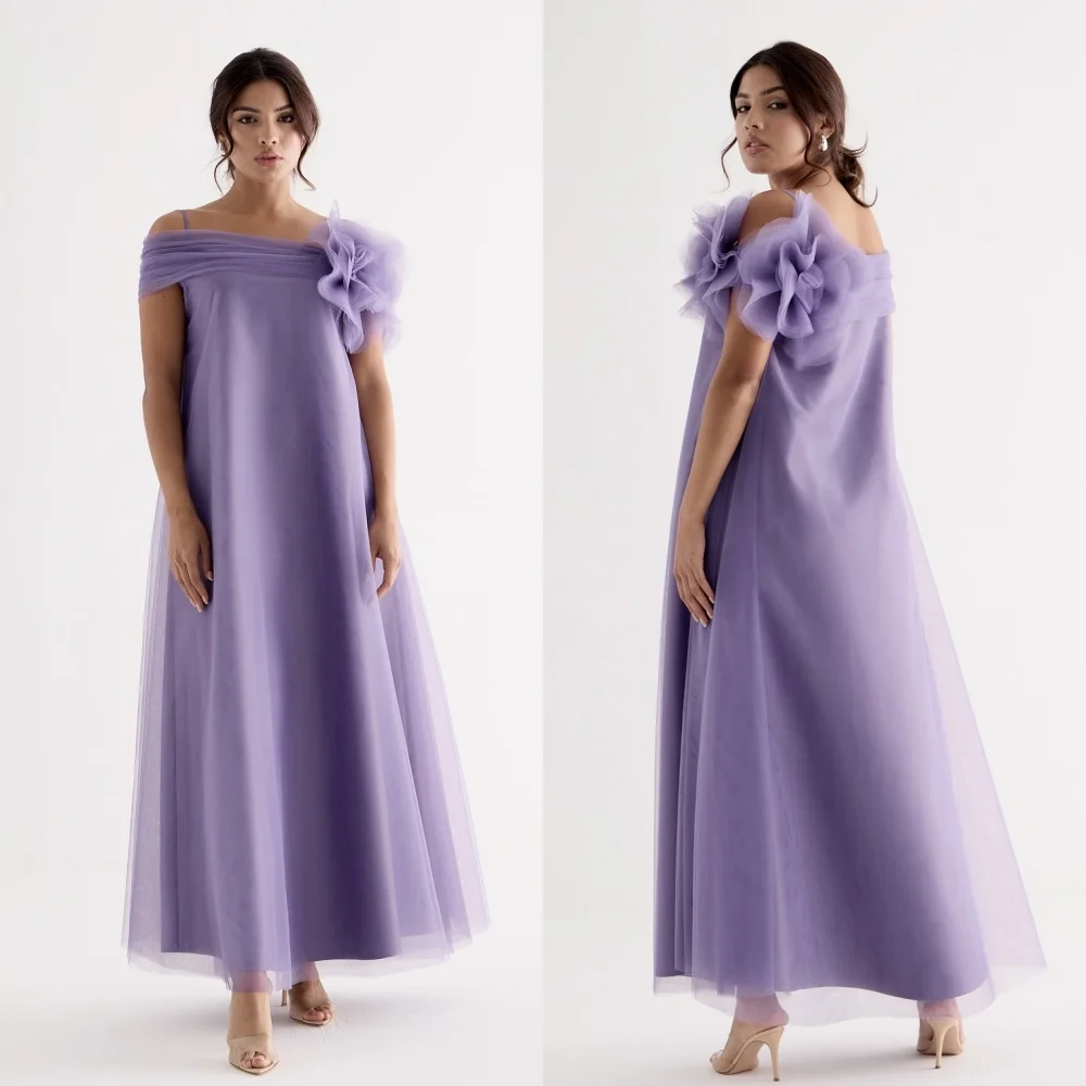 Modern Style Fashion Tulle Pleat Handmade Flower Draped A-line Off-the-shoulder Midi Dresses Celebrity Dresses Sizes Available