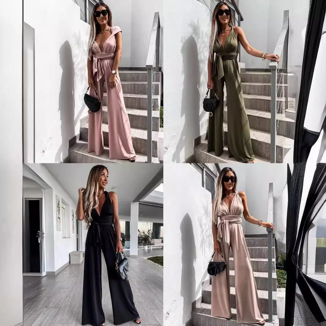 Jump Suits For Women Spring Autumn New Fashion V-neck Solid Color Temperament High Waist Women's Wide Leg Jumpsuit Streetwear