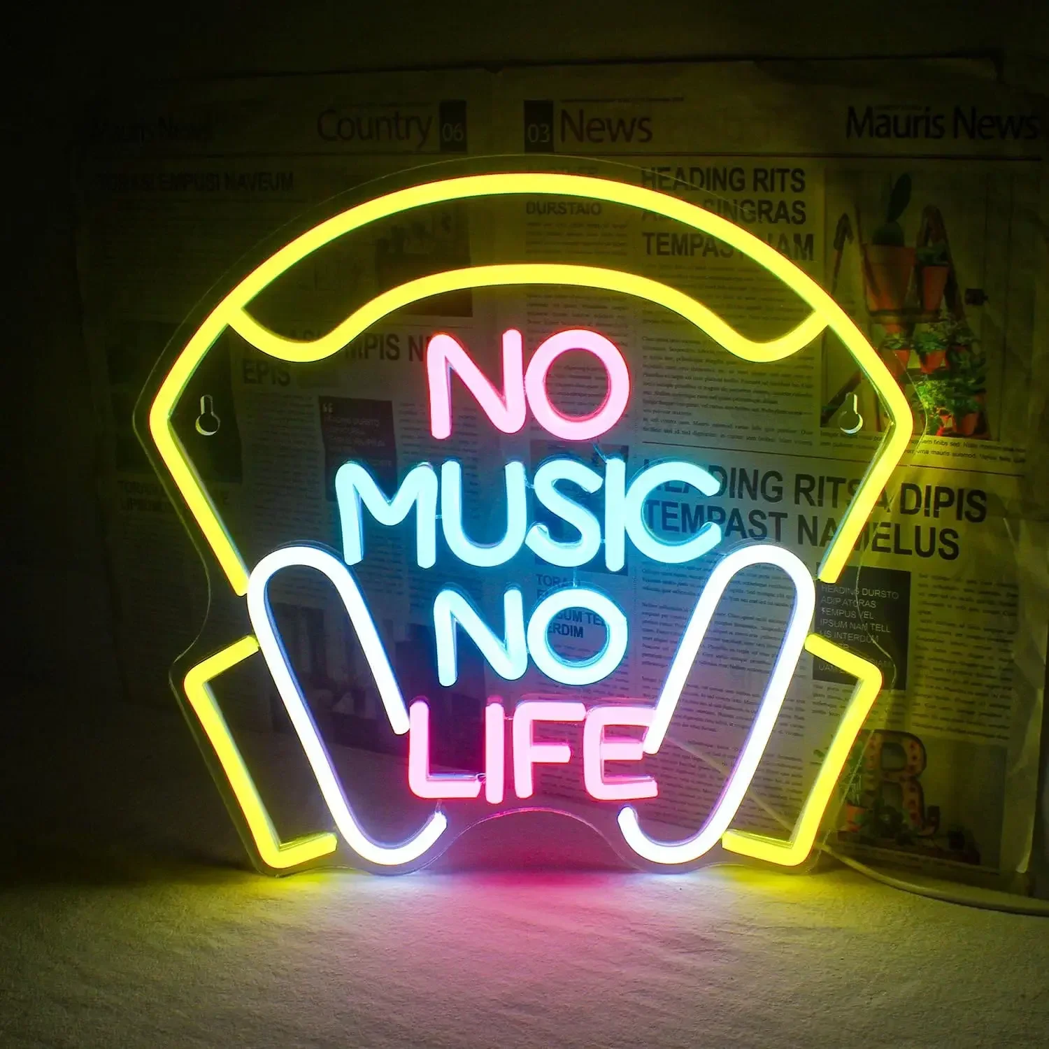 No Music No Life Neon Sign Yellow Pink Blue LED Wall Art Guitar Shape Glow USB Powered Dimmable Acrylic Lamp Bar Decor