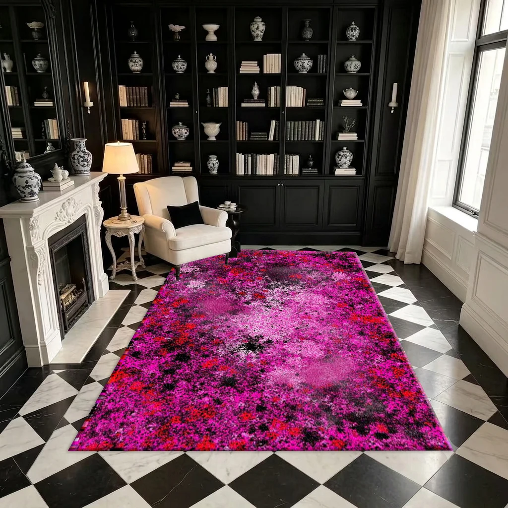 Pink and Red Ink-Splashed Abstract Texture Carpet with Dark Background Art Print, Square Floor Rug Suitable for Home Decoration