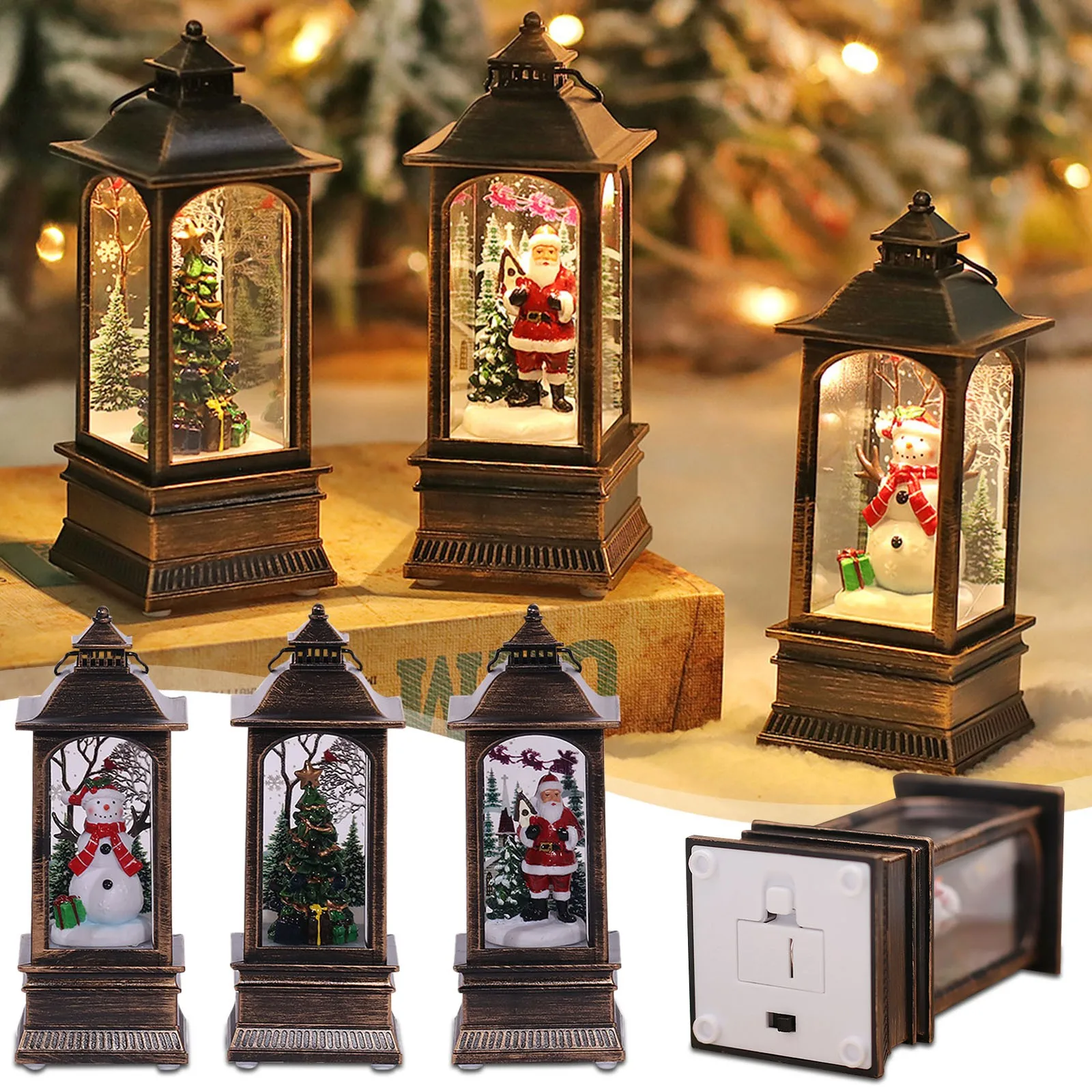 Christmas Candles Light  Led Lamp Oil Lantern Light Vintage Castle Santa Snowman Hanging Lantern Lamp New Year Party Decoration