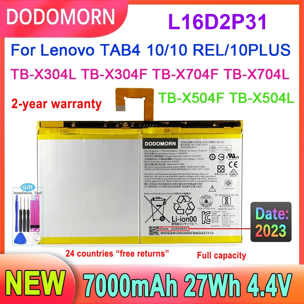 4.4V L16D2P31 Battery For Lenovo TAB4 10/10 REL/10PLUS TB-X304L TB-X304F TB-X704F TB-X504F TB-X504L TB-X704L 27Wh     7000mAh