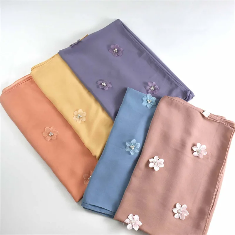 Malaysia Women Chiffon Hijab Scarf with Pearl Flower Shawls Breathable Headscarf 170*70cm  Kimono Femme Musulmane  حجابات