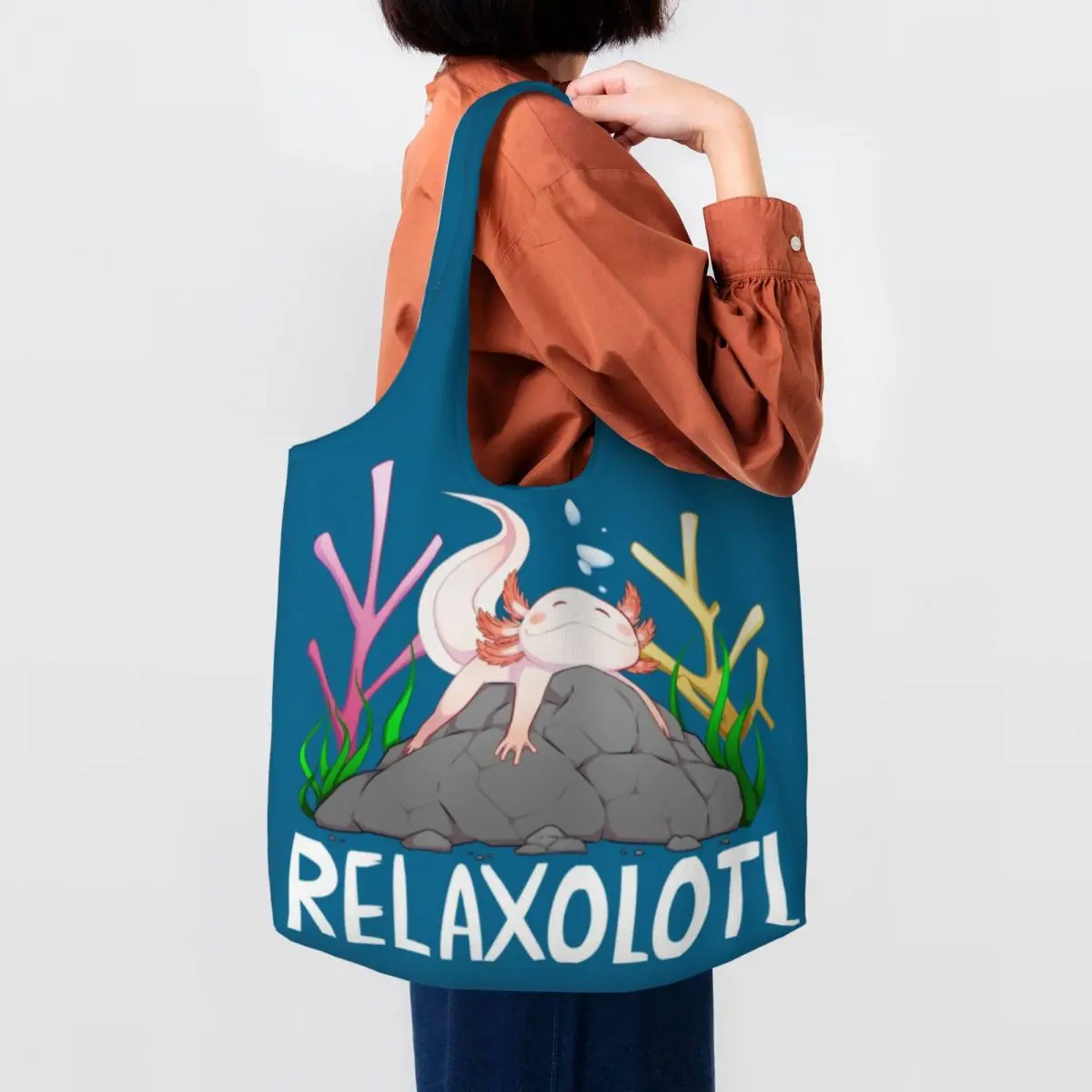 

Cute Relaxing Axolotl Groceries Shopping Bags Canvas Shopper Tote Shoulder Bag Large Capacity Portable Salamander Animal Handbag