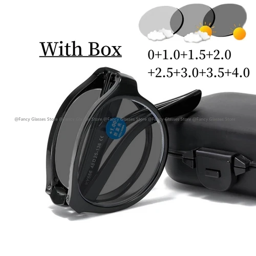 Gafas de lectura fotocromáticas plegables con caja para hombre y mujer, lentes de sol con montura redonda que cambian de Color, lentes populares de Vista lejana