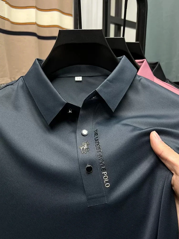 Camisa polo de manga curta masculina, colarinho de lapela, monocromática, high-end, empresarial, casual, trace printing, alta qualidade, verão, fashion, M-4XL