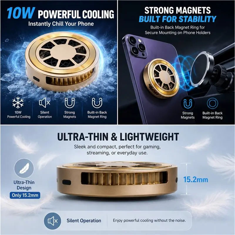 ABKI-Ultra-Thin 15.2Mm For Phone Cooler Aluminum Alloy Body Type-C Cooling System Silent Design With Back Magnet Ring For