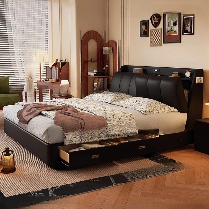 Italian minimalist multi functional cloud bed, solid wood storage leather double bed, cream wind