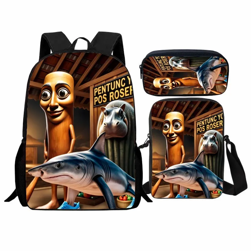 New product printed Shanhaijing wooden stick student backpack three piece set ton ton ton backpack shoulder bag pencil case