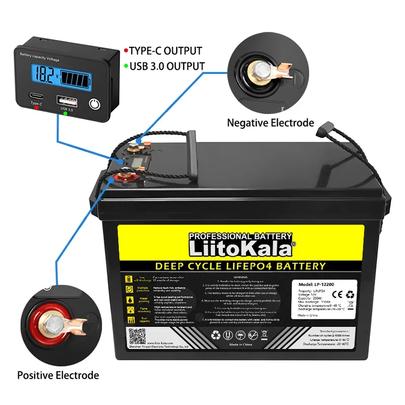 LiitoKala 12.8V 230Ah LiFePO4 battery with 12V 4 string Built in BMS For Yacht Campers Golf Cart Off-Road Solar Wind Duty-free