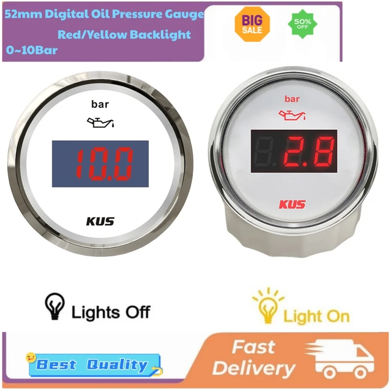

Датчики давления масла KUS для приборной панели автомобиля, 52 мм, 0-10 бар, цифровые манометры с красной/желтой подсветкой для лодок