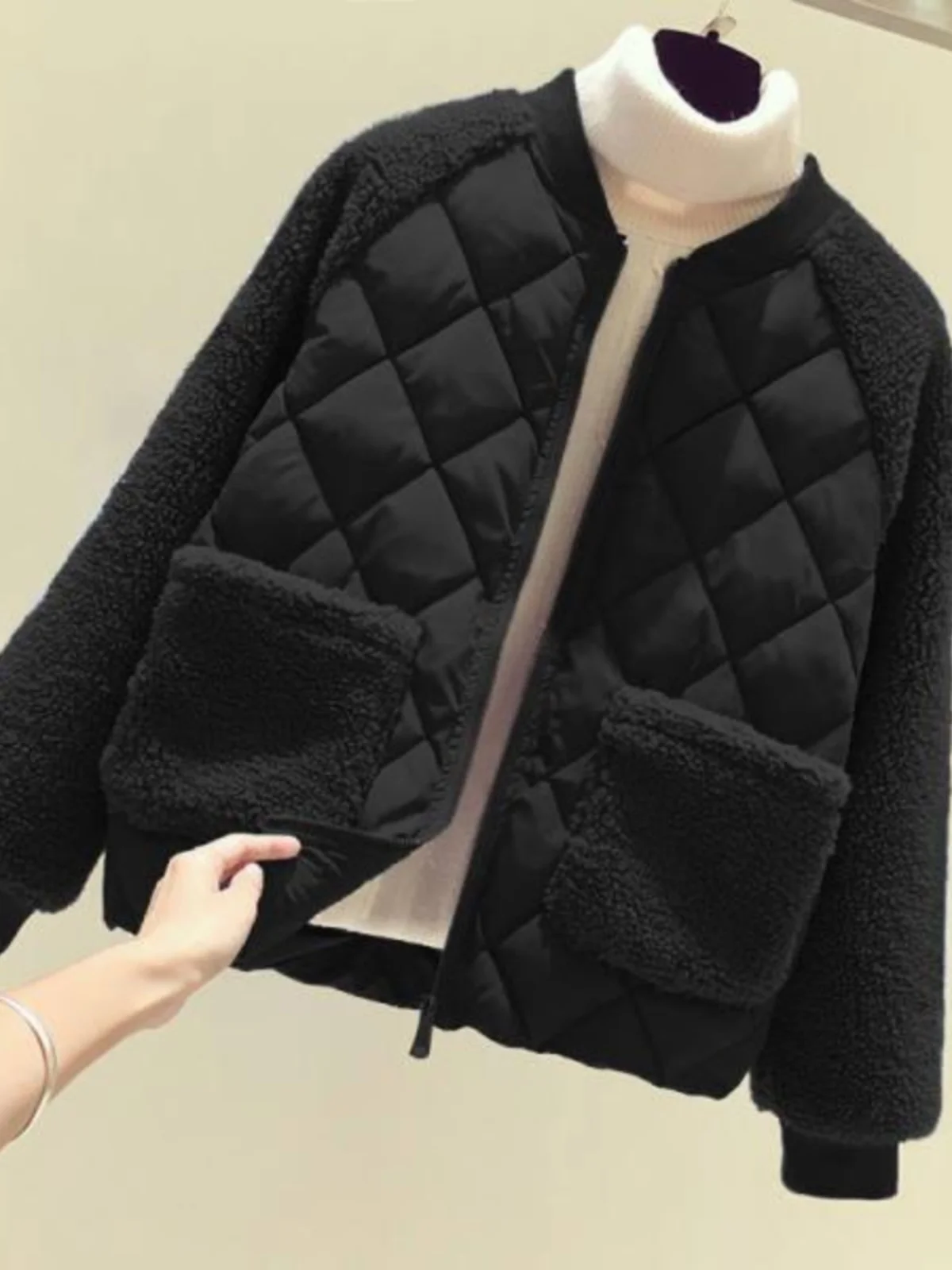 Plus Size Extra Large Women's Lamb Velvet Jacket Loose Lightweight Lazy Sle Cotton Patchwork Open Cardigan Top for Autumn Winter