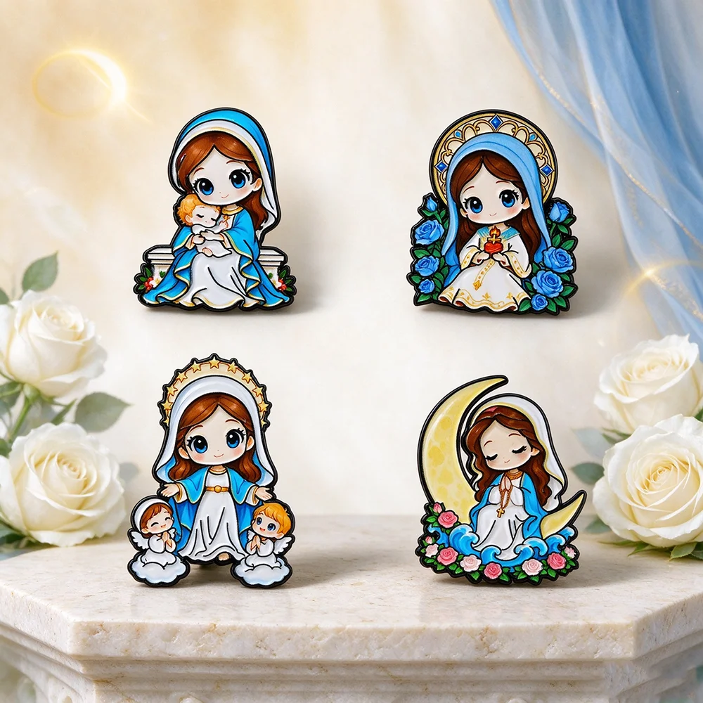4Pcs Cute Chibi Virgin Mary Enamel Pin Set Cartoon Catholic Religious Holy Mother & Baby Figure Badge Lapel Pins