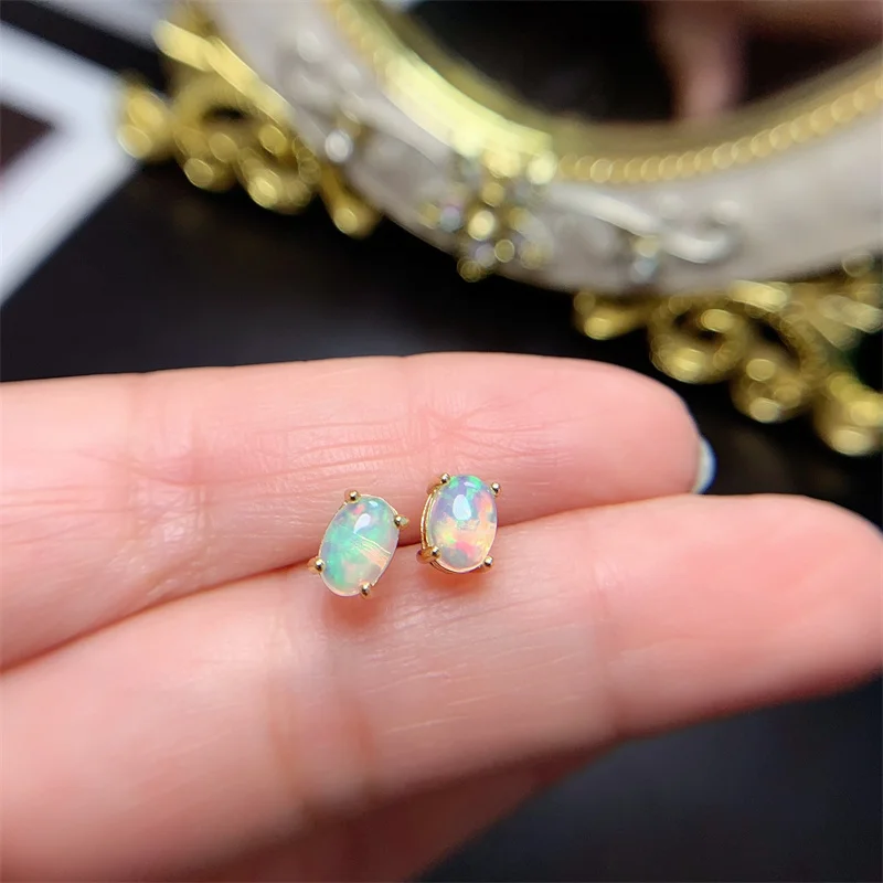 Original S925 Sliver Opal Stud Earrings for Women Girl  Simple Design Natural Gemstone With Certificate 18K Yellow Gold 7x5mm