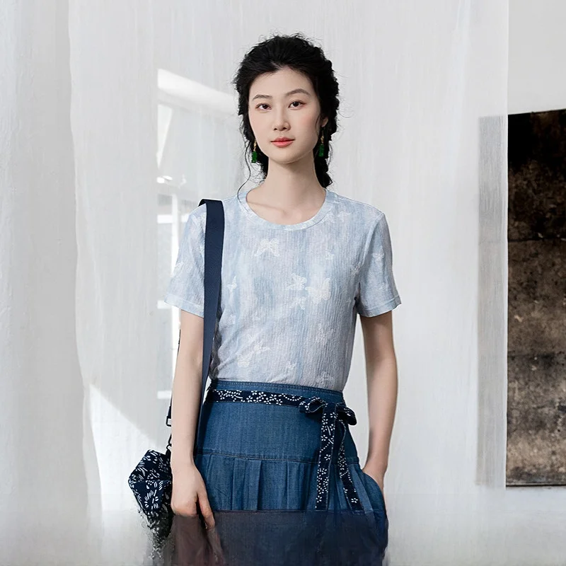 

Женская футболка с принтом, летняя новинка, повседневная, из полиэстеровой смеси, с коротким рукавом, круглым вырезом, топ