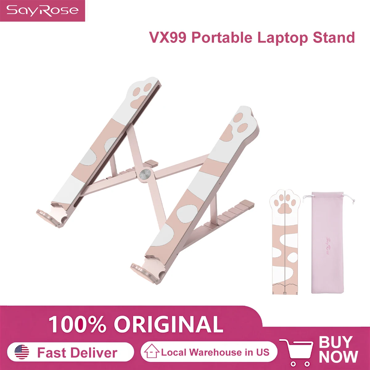 SayRose VX99 Cute Cat Paw Laptop Stand 6 Level Adjustable Foldable Aluminum Alloy Portable Cooling Notebook Riser for 10-16 Inch Laptop Tablet MacBook Gift for Girls