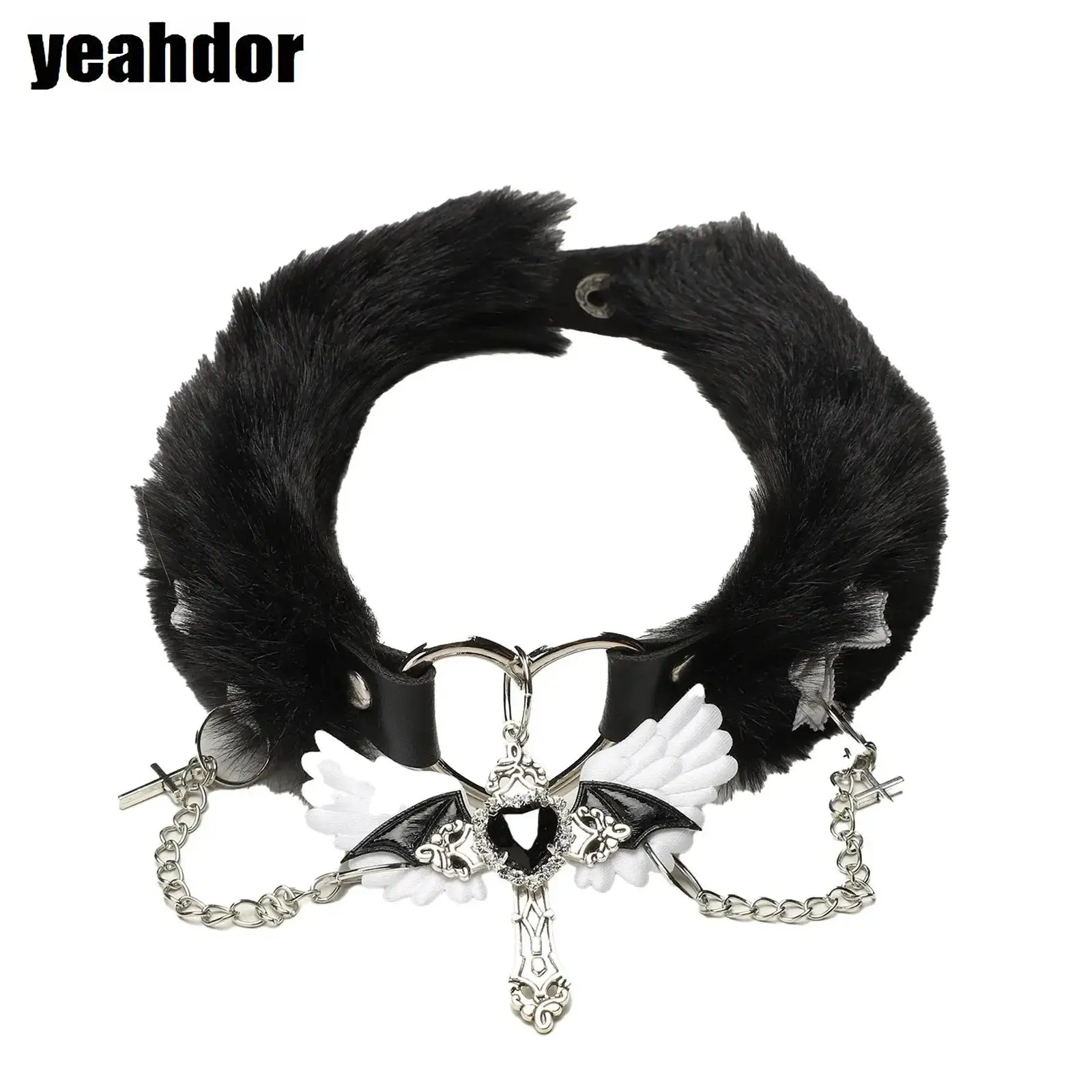 

Unisex Gothic Choker Faux Leather Fuzzy Faux Fur Stylish Pendants Adjustable Necklace Steampunk Cosplay Accessory