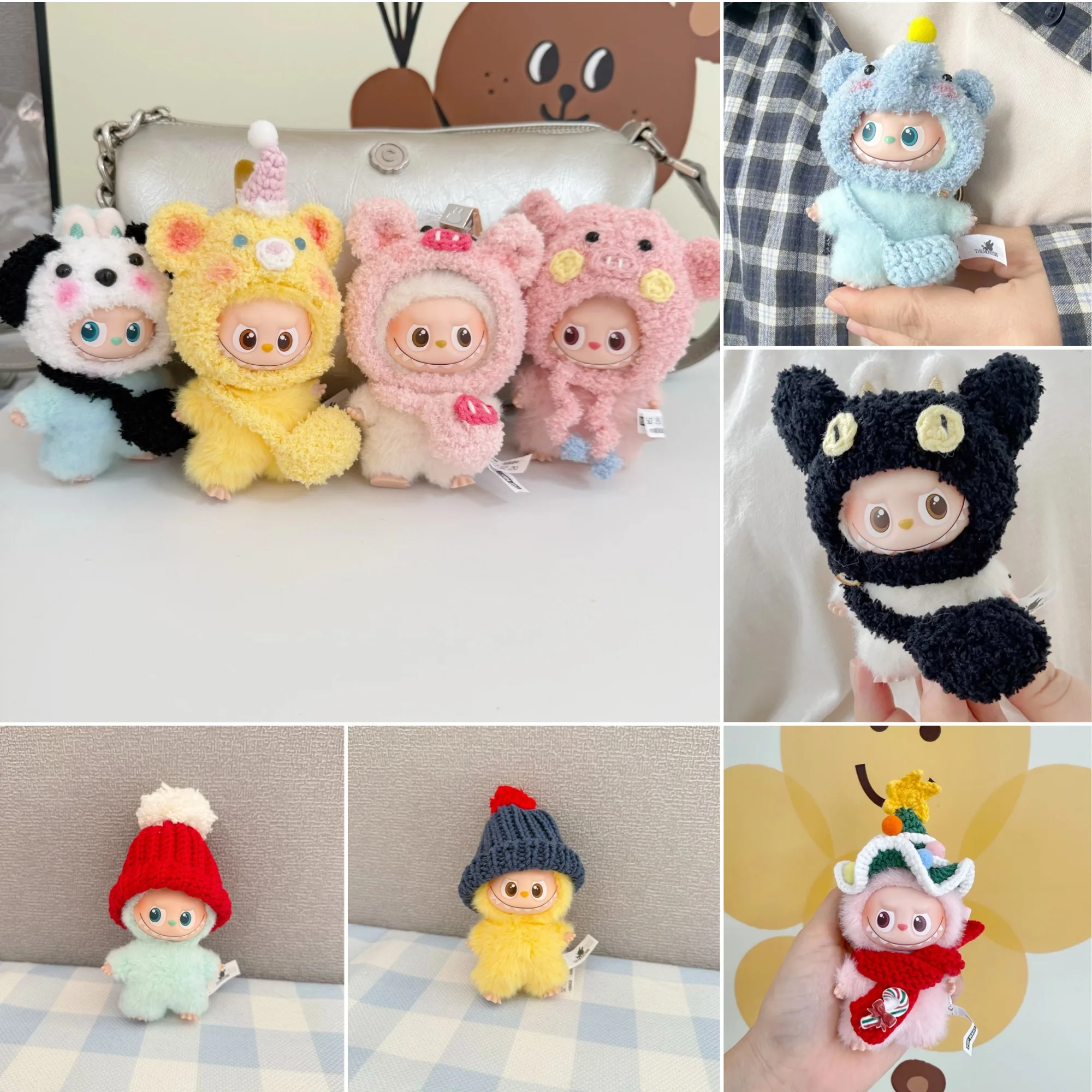 

10cm Mini Labubu 4.0 Doll Clothes 4th-Gen Labubu Handmade Christmas Pom-Pom Hat Pink Pig Hat & Panda Headcover for Mini Labubu