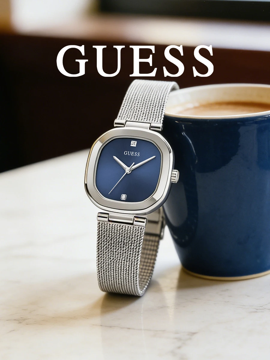 Guess Women’s Analog Watch, Silver Mesh Bracelet Blue Sunray Dial Genuine Diamond GW0768L1
