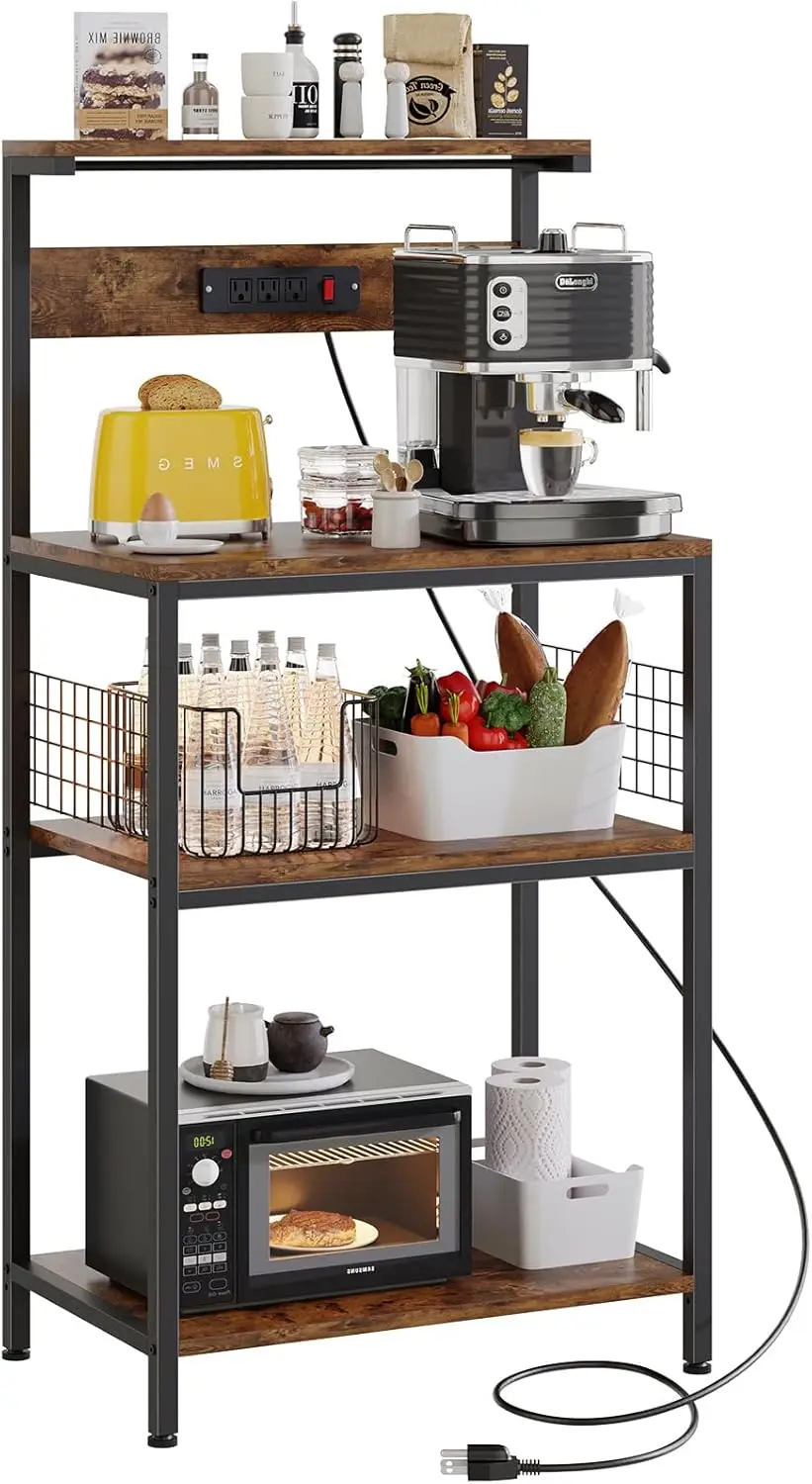 

Кухонная тумба-стеллаж Sweet Crispy с розеткой, столик для кофе-бара, подставка для микроволновки, регулируемая полка для хранения - Рустик Браун