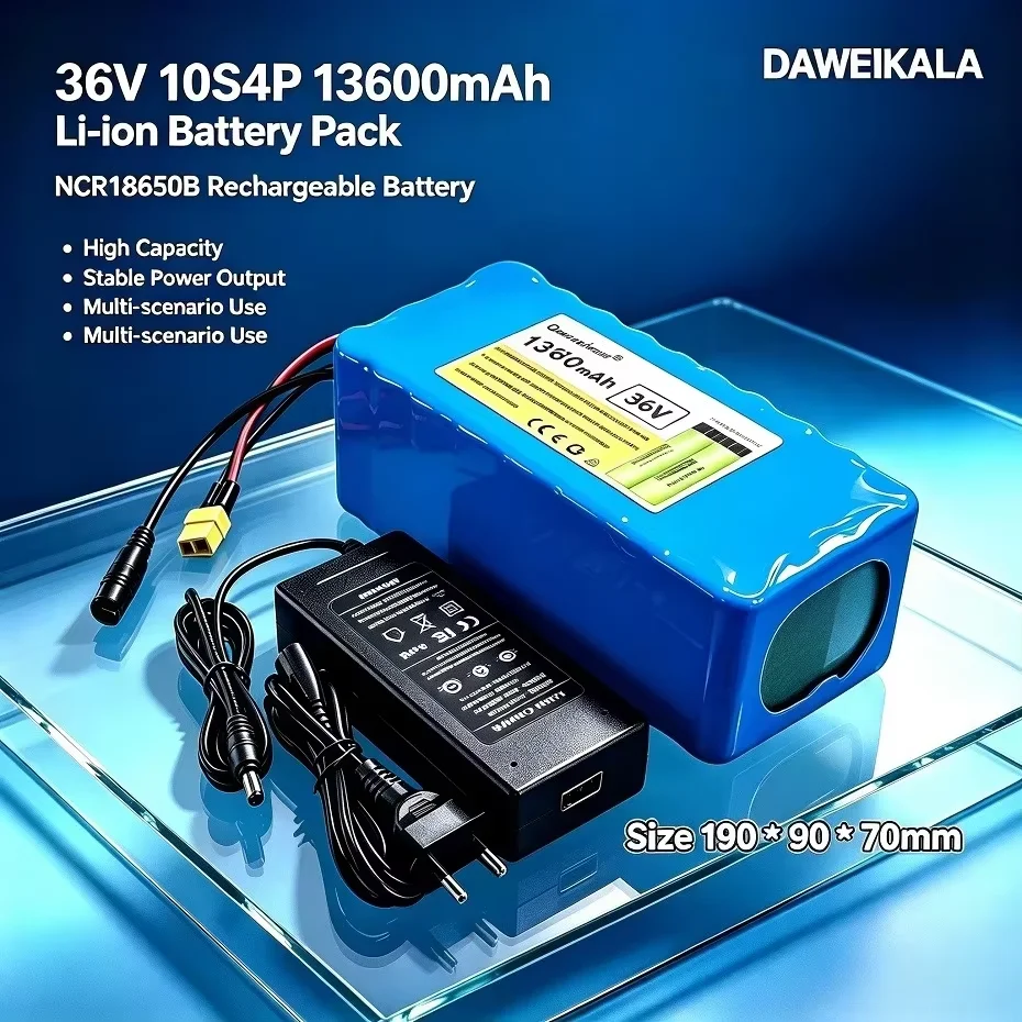 Image of DAWEIKALA 36V 13600mAh 10S4P Lithium-Akku-Pack, mit EU-Standard-Ladegerät, optionalen XT60 / T DC-Anschlüssen, Überladeschutz, stabile Entladung für Elektrofahrräder und E-Scooter.