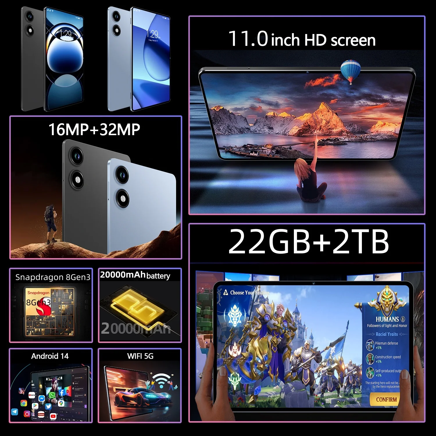 النسخة العالمية الأصلية S7 Pro اللوحي 11 بوصة HD 4K Snapdragon 8gen3 Android14 22GB + 2T 5G ثنائي الشريحة واي فاي GPS الكمبيوتر اللوحي #2