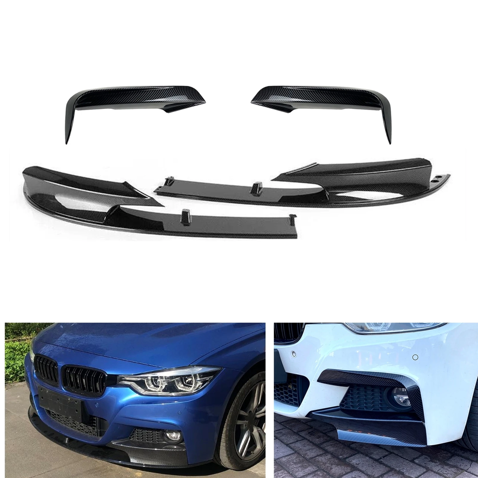 

Carbon Fiber Look Car Front Bumper Spoiler Lip+Fog Light Lamp Frame Cover Splitter Trim For BMW 3 Series F30 2012-2018 M Sport