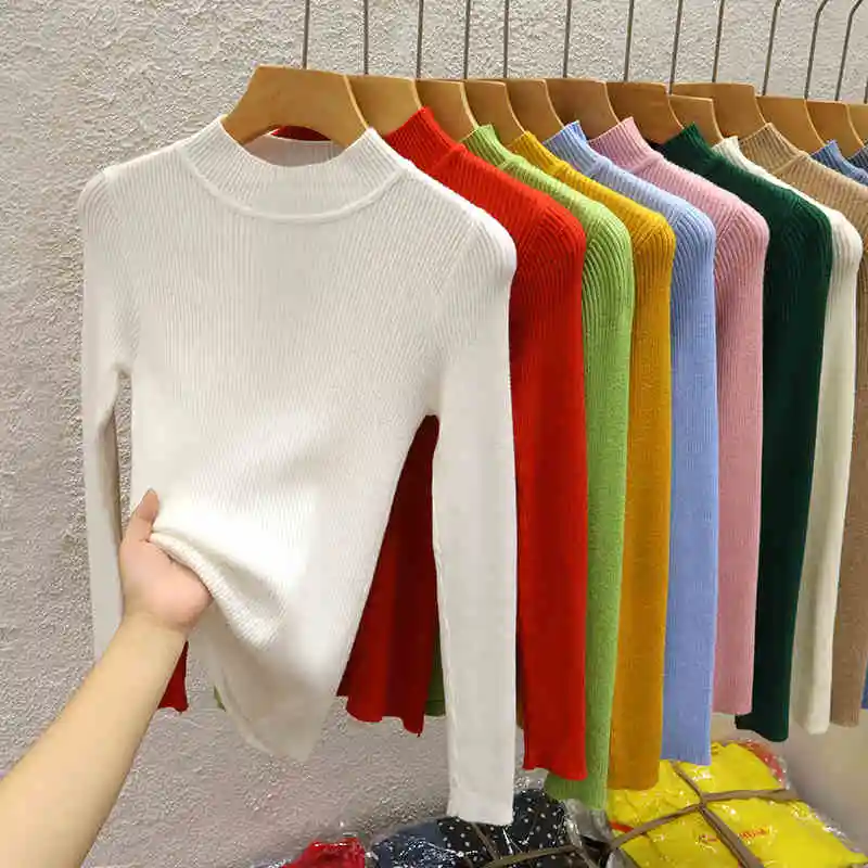 

Fashion Long Sleeve Knitted Sweater Women Pullovers Mock Neck White Black Knit Sweater Pullover Women Tops Sueter Feminino Q1038