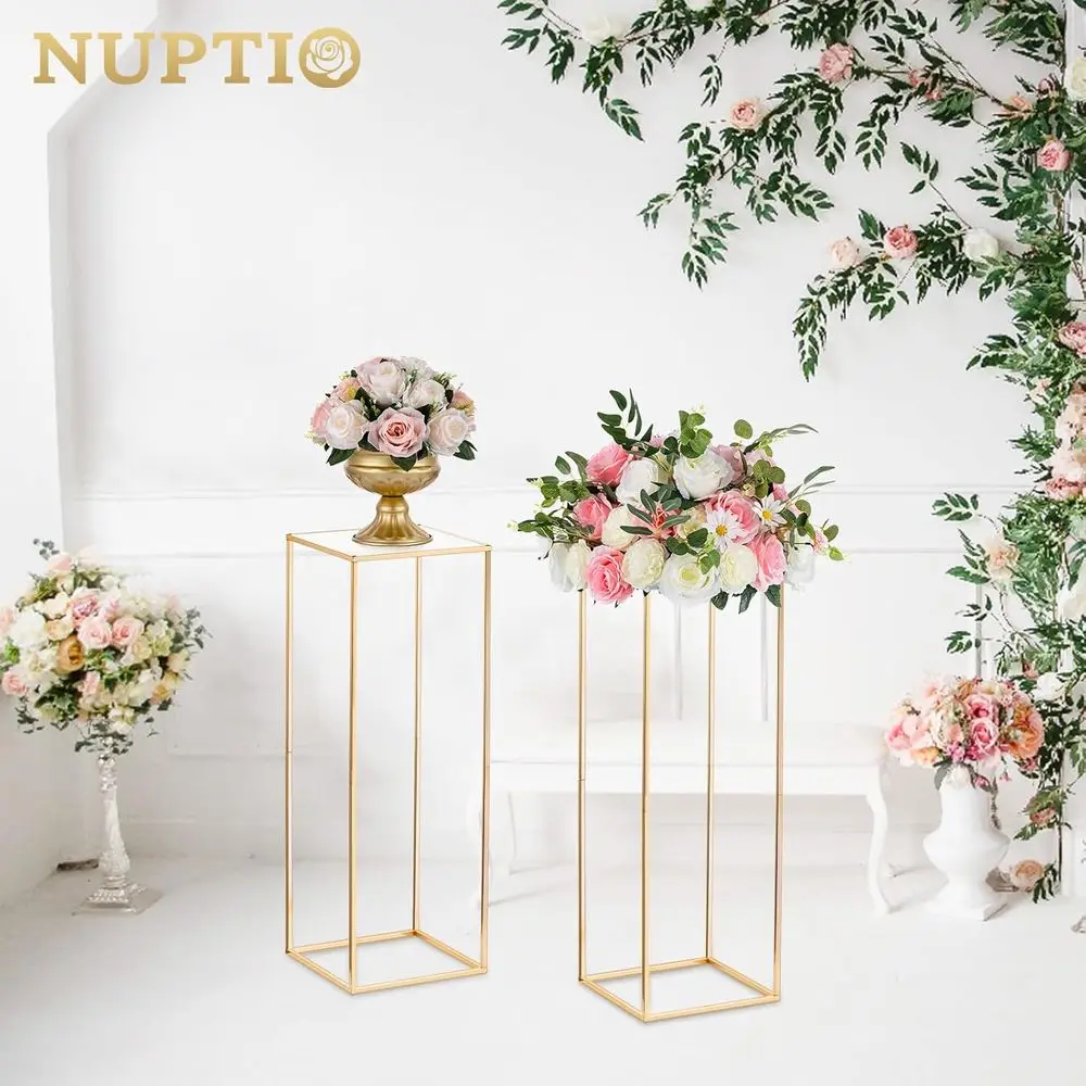2 Pcs Metal Lower Floor Vase Column Geometric Centerpieces Stand or Tables, 31½ Inch Tall Gold Holder for Home Party Wedding Dec