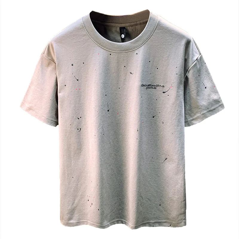 Trendy high street T-shirt short sleeved men's 2025 summer artistic sense lacquer painting ink dot thin loose casual top