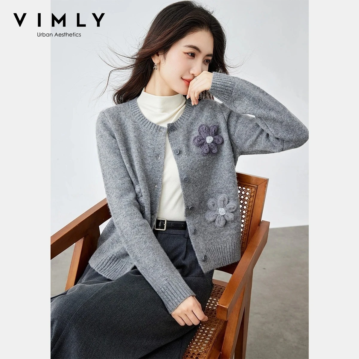 

Серый вязаный кардиган VIMLY для женщин, осень 202, с 3D цветочной вышивкой, свитера с круглым вырезом и длинными рукавами, милые модные джемперы 75281