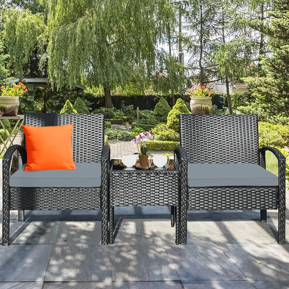 3-teiliges Terrassen-Rattan-Möbel-Set, Couchtisch, Konversationssofa, gepolstert, grau, Gartensofas