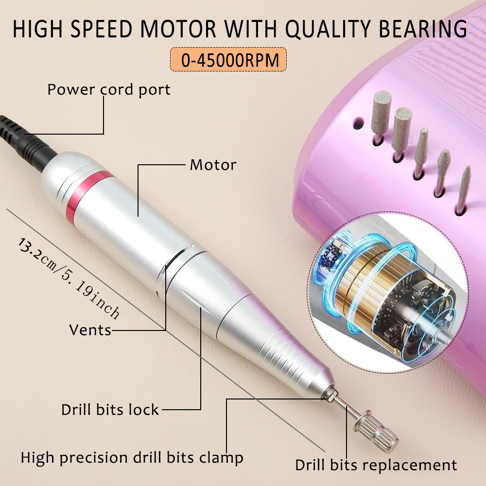 45000 U/min Hochwertige elektrische Nagelbohrmaschine Elektrische Feile HD-Display Metall-Maniküre-Stift Professioneller Nageldrehmaschinen-Schleifer