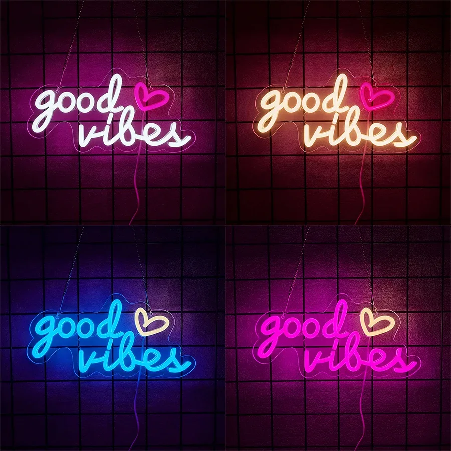 Good Vibes Neon Sign USB LED Sign for Bedroom, Hanging Light Up Sign for Party, Studio Bar Wall Decor, Gift for Lover