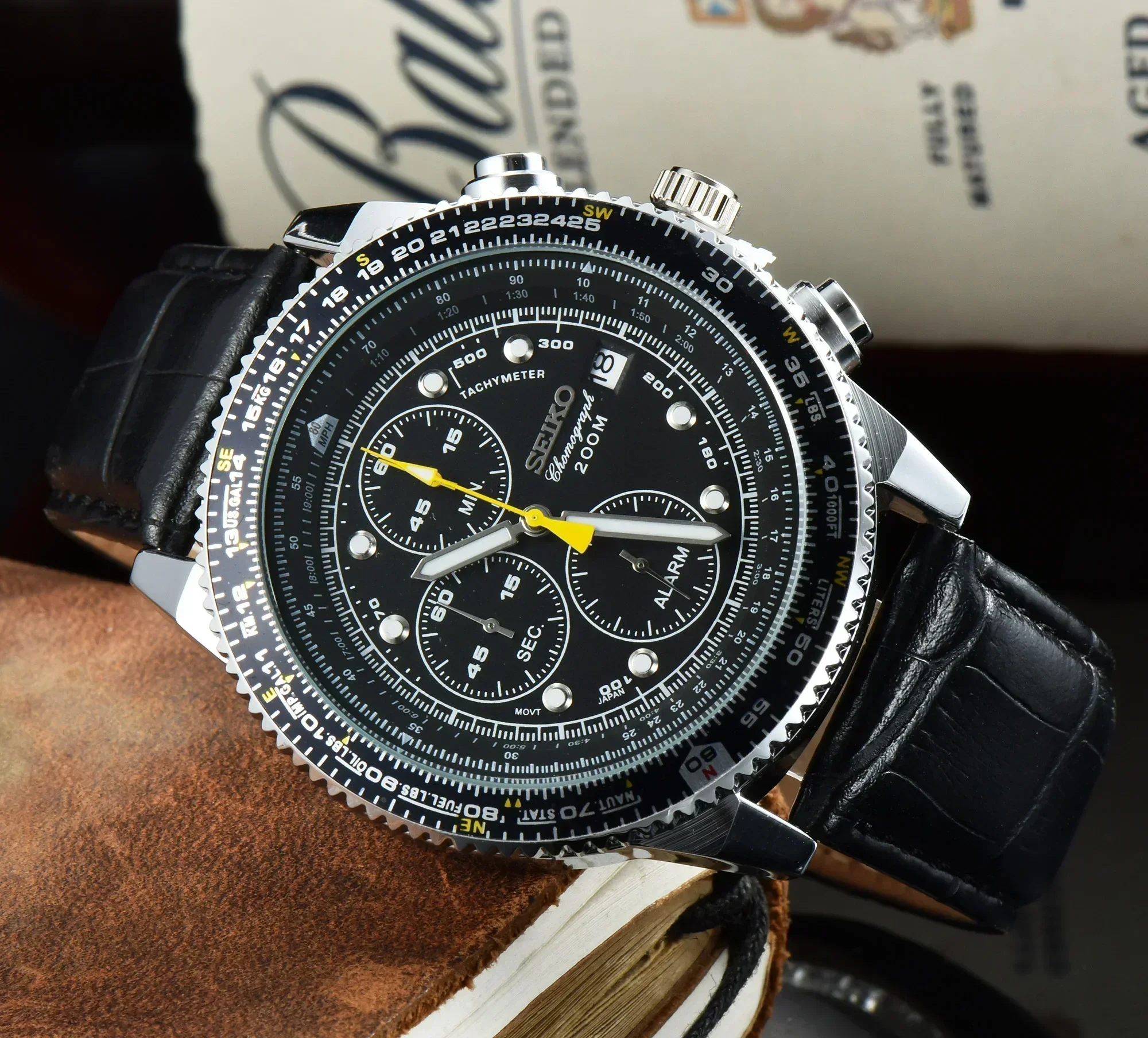 ساعة سيكو الفاخرة للرجال موضة ستانلس ستيل متعددة الوظائف كرونوغراف ثلاث عيون 6 أيدي علوية ساعة كوارتز جلدية على مدار الساعة