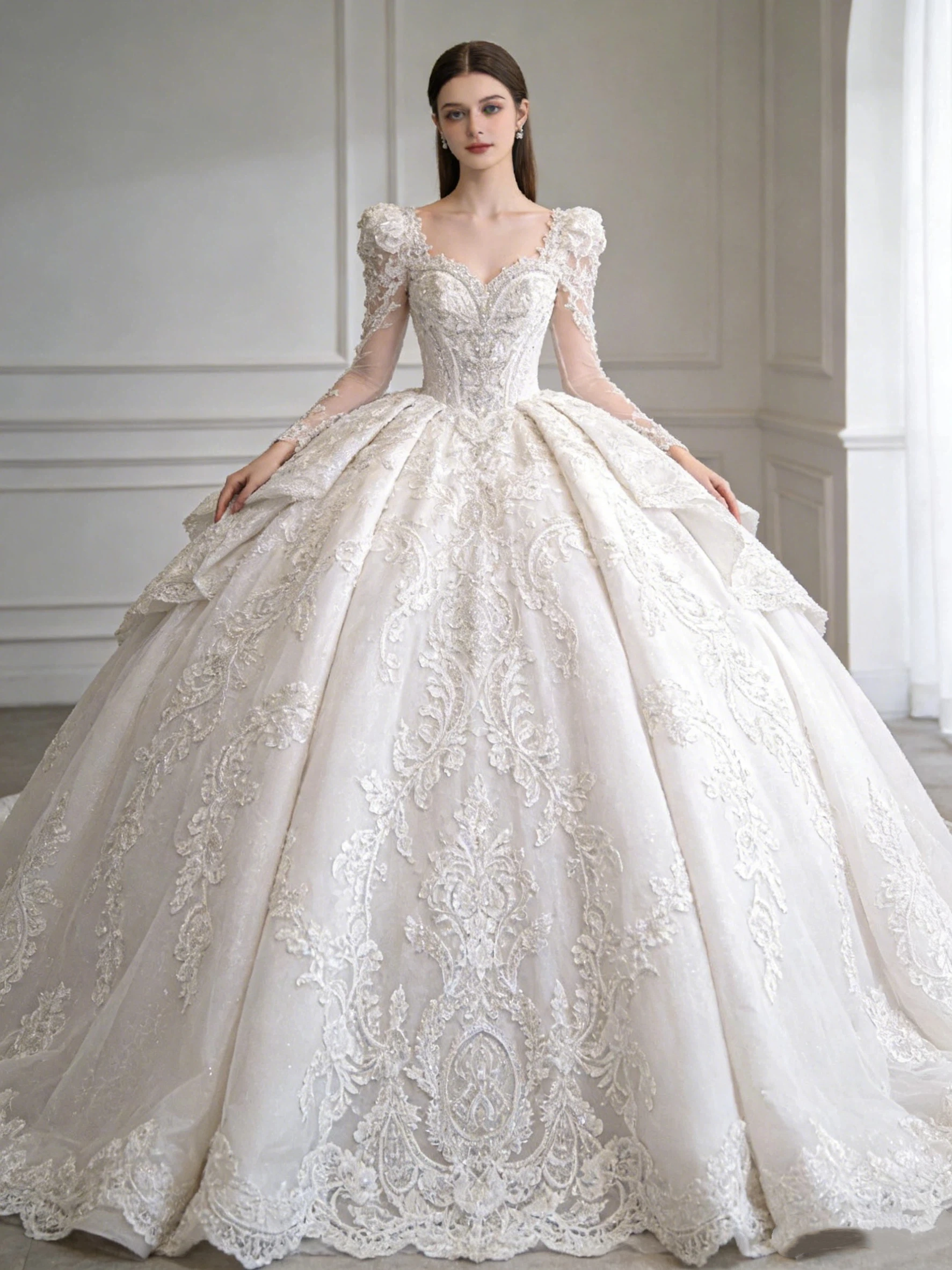 

Роскошное свадебное платье А-силуэта с кружевом и бисером, сексуальное, с вырезом «сердечко», длинными рукавами, на заказ