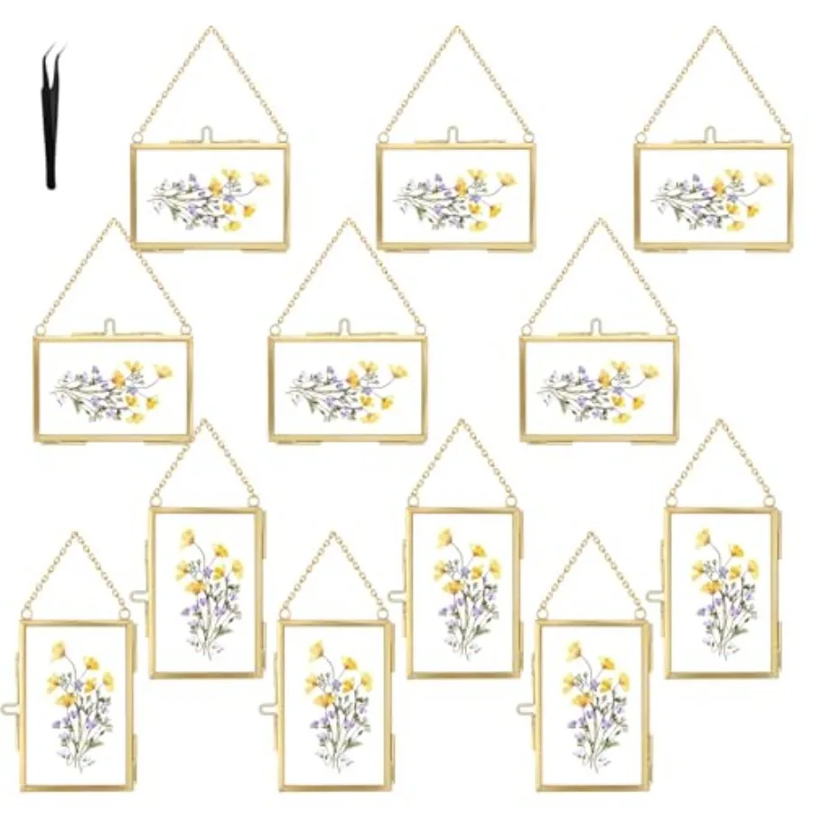 

Набор из 12 двойных стеклянных рамок для прессованных цветов, подвесных фотографий, рождественских украшений, латунные рамки с цепочкой для настенного крепления