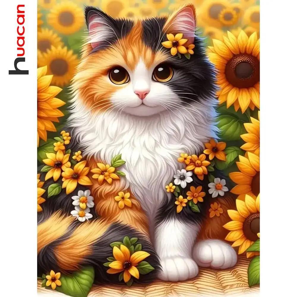 Huacan Diamant-Malerei, Kunsthandwerk, Katze, Tier, Blume, komplett, rund, Diamant-Mosaik, Wohnzimmer, Kunsthandwerk